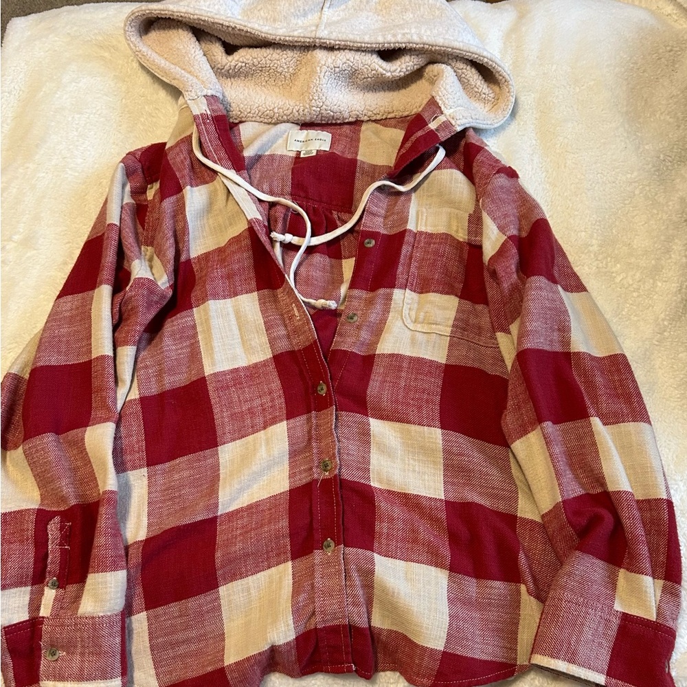 American Eagle Red and Cream Plaid Hoodie Shirt